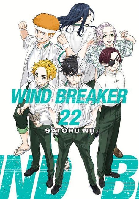 Text: WIND BREAKER 22 SATORU NII. Illustration von sechs Personen in Schuluniformen.