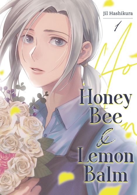 „Jil Hashikura 1. Honey Bee & Lemon Balm“. Junge Person mit weißen Haaren hält Blumenstrauß. Manga-Stil.