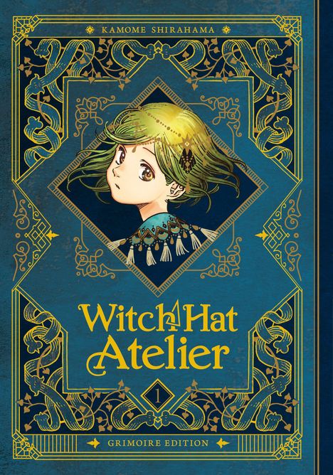 "Witch Hat Atelier", Band 1, Illustration: Ein Mädchen mit grünlichem Haar in einem kunstvoll verzierten Rahmen.