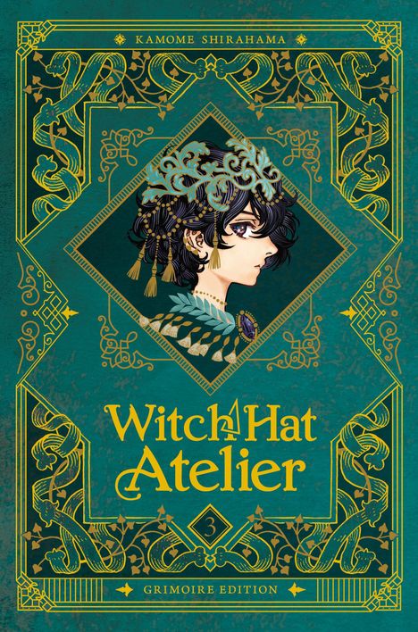 "Witch Hat Atelier" in gelber Schrift, Titelgestaltung und eine detaillierte Illustration einer Person mit verziertem Kopfschmuck.
