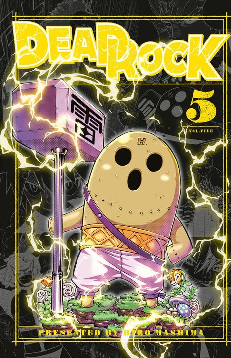 „DEAD ROCK“ oben in Gelb. „VOLUME 5“ rechts. Cartoon-Figur mit Hammer und Blitzen.