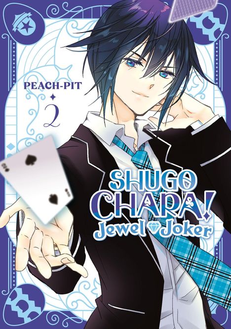 "PEACH-PIT 2", "Shugo Chara! Jewel Joker". Manga-Stil Junge mit Karten vor einem verzierten, blauen Hintergrund.