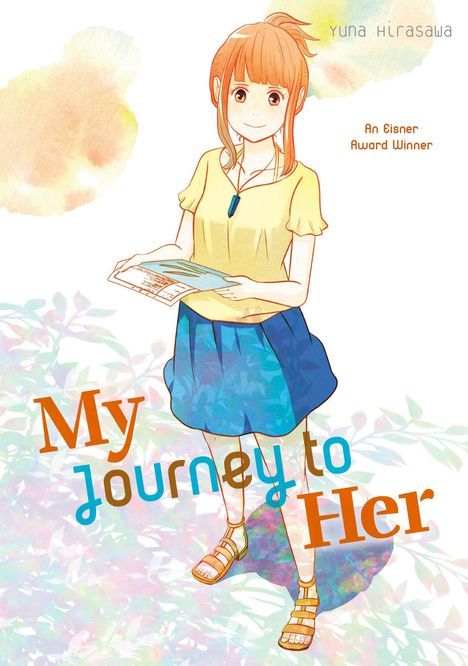"My Journey to Her" und "An Eisner Award Winner". Illustration eines Mädchens mit hellem Top und blauem Rock.