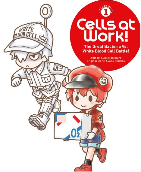 "Cells at Work! White Blood Cell und rotes Blutkörperchen in niedlichen Kostümen, mit einem O₂-Paket. Illustration."