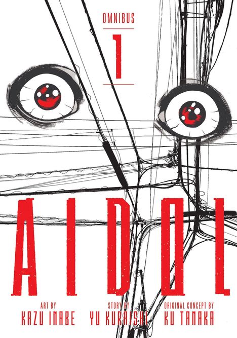 "OMNIBUS 1 AIDOL" in roten Buchstaben, zwei große schwarz-rote Augen und Linienstrukturen zeichnen ein abstraktes Gesicht.