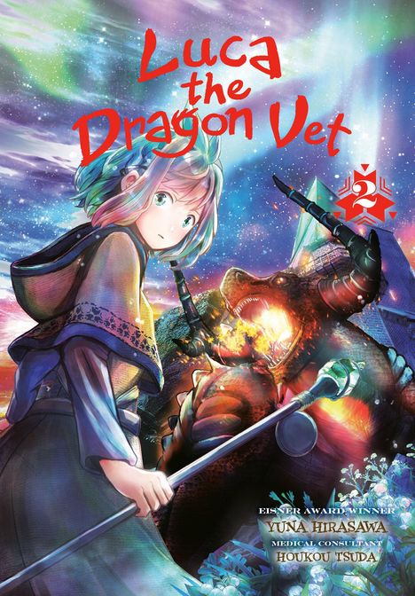 "Luca the Dragon Vet" in roter Schrift. Szene mit einem jungen, farbenfrohen Anime-Charakter und einem feuerspeienden Drachen.