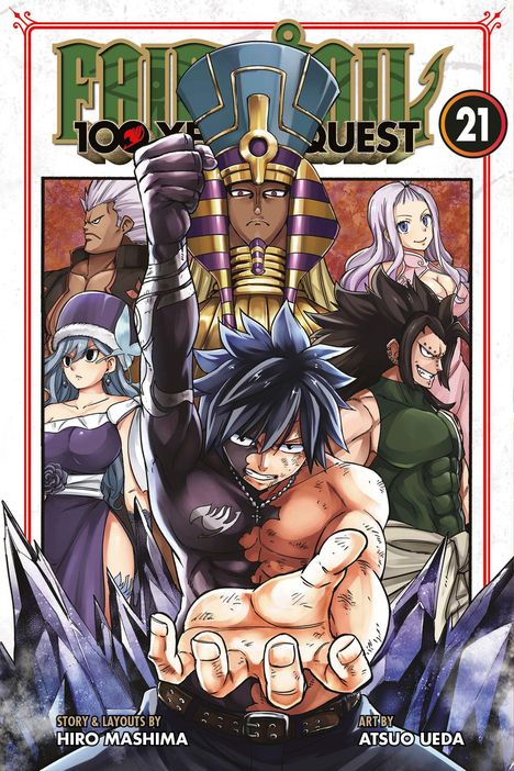 "FAIRY TAIL 100 YEARS QUEST 21" und Namen der Künstler. Illustration von sechs Anime-Charakteren in dynamischen Posen.