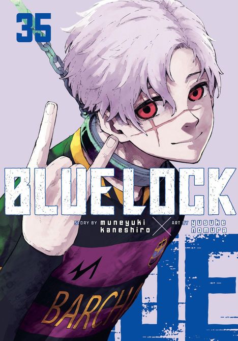 "35", "BLUELOCK", "STORY BY MUNEYUKI KANESHIRO", "ART BY YUSUKE NOMURA". Illustration eines Charakters mit Kette und Designerkleidung.