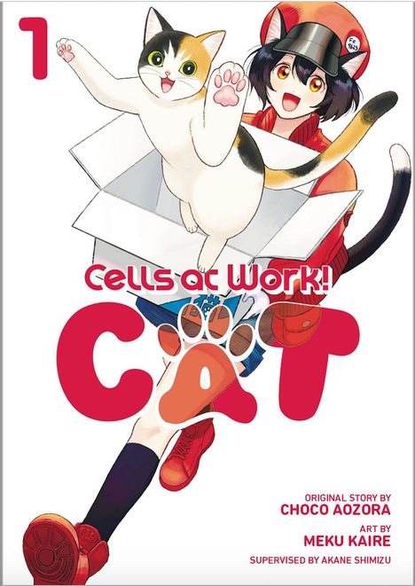 Text: "Cells at Work! CAT". Eine Illustration eines Mädchens mit Katzenohren, das eine Katze in der Hand hält.