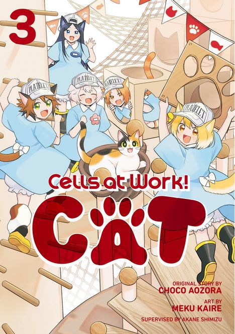 Text: "Cells at Work! CAT"
Nummer: 3
Beschreibung: Niedliche Figuren mit Katzenohren in blauen Kleidern, spielen in einem Klettergerüst.