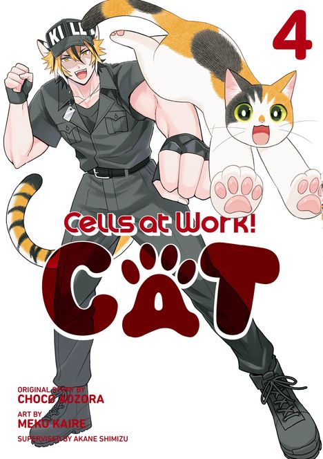 „Cells at Work! CAT“ in großen Buchstaben, darunter ein Mann in Uniform mit Katzenohren und eine springende bunte Katze.