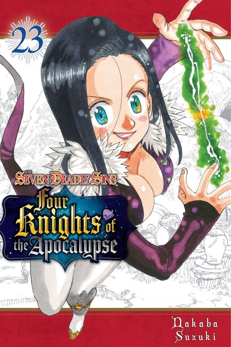 "23", "Seven Deadly Sins: Four Knights of the Apocalypse". Frau springt mit lila Kleidung und fröhlichem Gesichtsausdruck.
