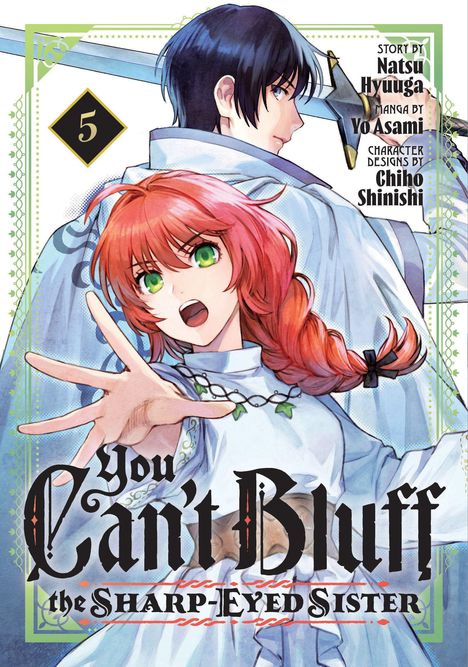 „You Can't Bluff the Sharp-Eyed Sister“, Band 5. Zwei Figuren: vorn junge Frau mit roten Haaren, hinten Mann mit Schwert.