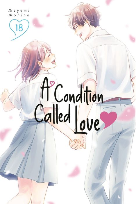 „A Condition Called Love“. Ein lächelndes Paar hält sich an den Händen. Illustration mit rosa Blütenblättern.