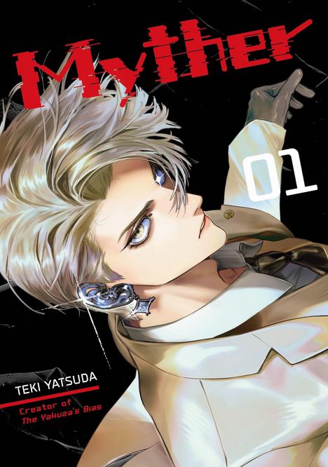 "Myther 01" in roten und weißen Schriftzügen. Eine Manga-Illustration eines stilisierten jungen Mannes mit hellem Haar und Ohrschmuck.