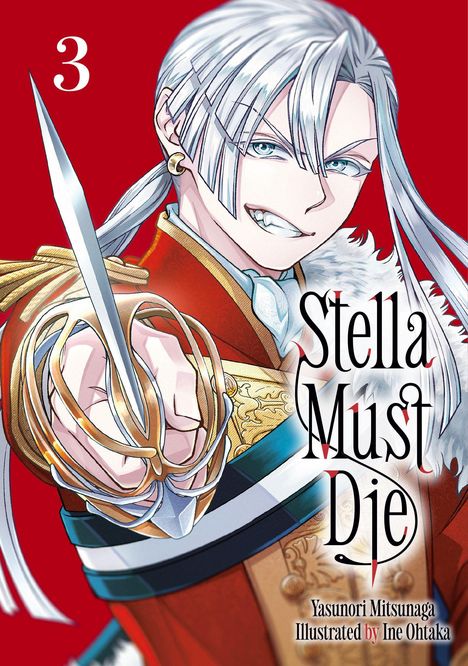 „3“, „Stella Must Die“. Ein Charakter mit weißen Haaren und einem Schwert, trägt elegante Kleidung vor rotem Hintergrund.
