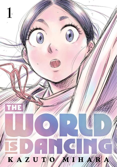 „1. THE WORLD IS DANCING KAZUTO MIHARA“ Eine erstaunte Person schaut nach oben, Pastellfarben und dynamische Linien.