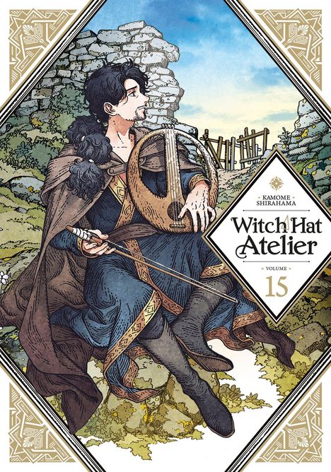 "Witch Hat Atelier", Volume 15. Illustration eines Mannes mit Laute, vor Ruinen sitzend, in detaillierter mittelalterlicher Kleidung.