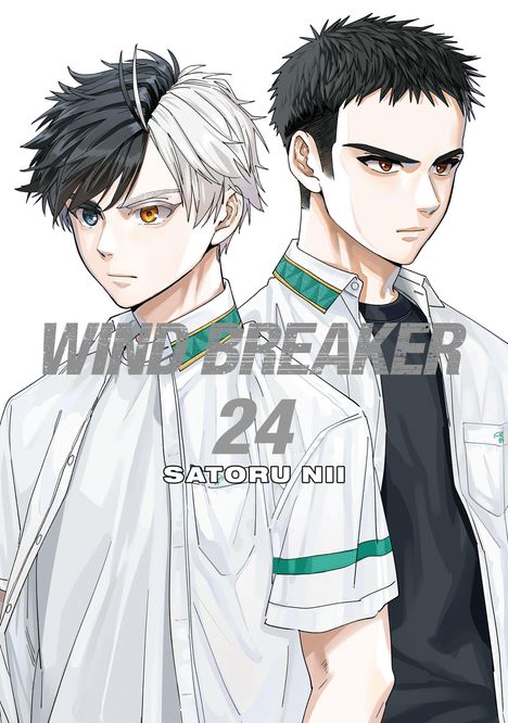 "WIND BREAKER 24 SATORU NII." Zwei Jungen in Schuluniformen mit ernstem Blick nebeneinander.