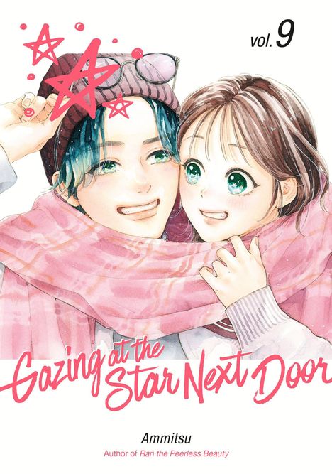 „vol. 9, Gazing at the Star Next Door“, Illustration: Zwei lachende Personen mit grün funkelnden Augen, rosa Schal.