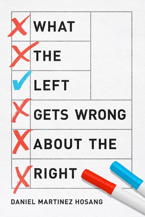 Text in Kästchen: "What the Left gets wrong about the Right." Name: Daniel Martinez HoSang. Zwei Stifte, rot und blau.