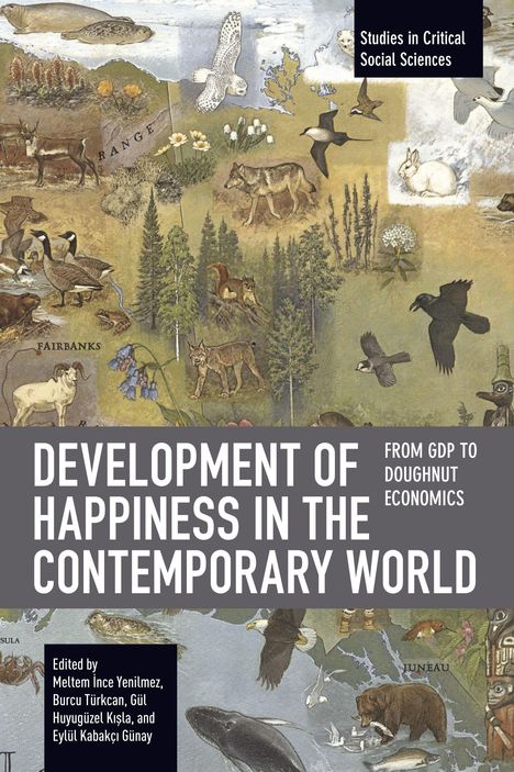 Text: "Development of Happiness in the Contemporary World. From GDP to Doughnut Economics." Illustration mit Tieren.