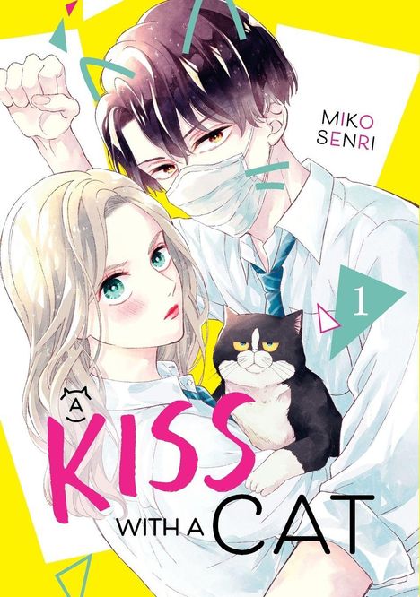 „A Kiss with a Cat 1“: Zwei Personen, eine mit Mundschutz, halten eine schwarz-weiße Katze; bunter, dynamischer Hintergrund.