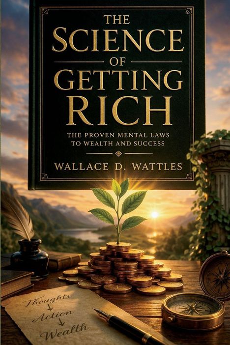 "The Science of Getting Rich", Wallace D. Wattles. Illustration mit Pflanze, Münzen, Kompass und Sonnenuntergang.