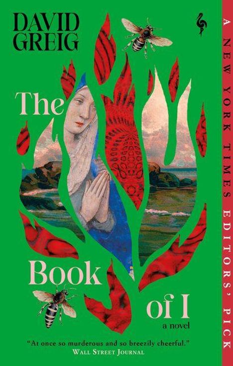 "The Book of I" von David Greig, Wall Street Journal: „mörderisch und heiter“. Illustration mit Frau, Blättern und Bienen.