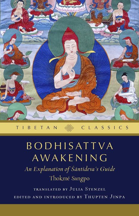 Text: "BODHISATTVA AWAKENING" - farbenfrohe Illustration buddhistischer Figuren, zentrales Bild mit Buddha.