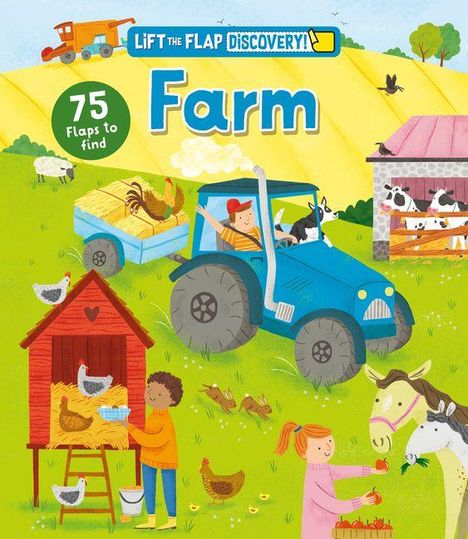 Text: "75 Flaps to find", "Farm", "LIFT THE FLAP DISCOVERY". Illustration eines Bauernhofs mit Tieren, Traktor, Kind und Hühnerstall.