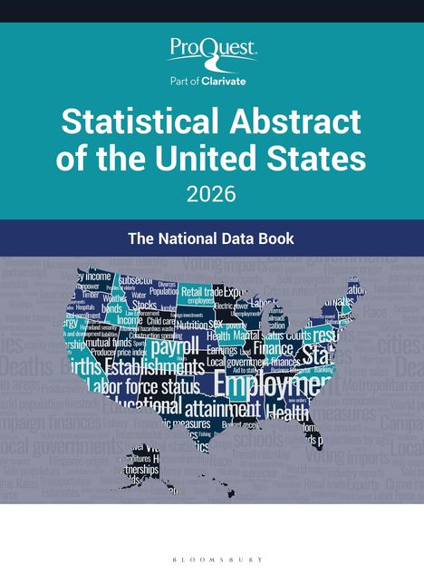 "Statistical Abstract of the United States 2026" in großen Buchstaben. Eine USA-Karte aus Wörtern wie "Employment" und "Health".