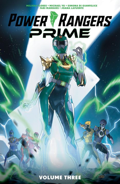Text: "Power Rangers Prime", darunter "Volume Three". Illustration: Ein grüner Ranger steht vorne, umgeben von anderen Rangers.