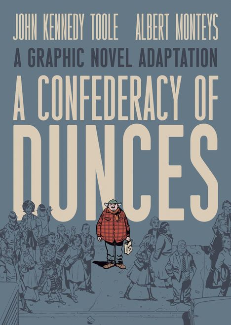 "A Confederacy of Dunces" von John Kennedy Toole. Illustration: ein Mann in kariertem Hemd steht in einer Menschenmenge.