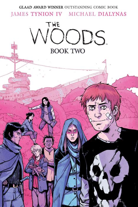 "GLAAD AWARD WINNER, James Tynion IV, Michael Dialynas, THE WOODS, BOOK TWO." Eine Gruppe Personen vor einer futuristischen Kulisse.