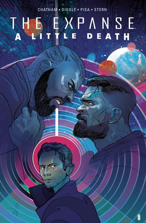 "The Expanse: A Little Death" oben. Zwei Männer stehen sich gegenüber, darunter ein weiterer Mann. Futuristisches Design.