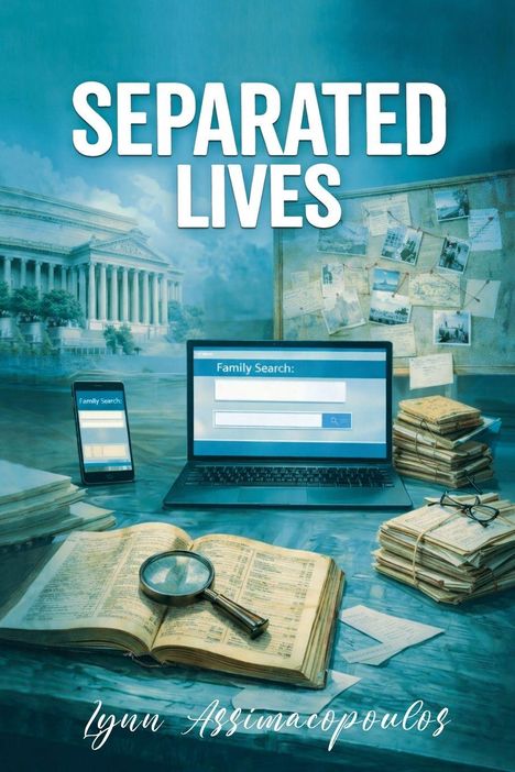 "SEPARATED LIVES" steht oben. Ein Laptop zeigt "Family Search". Auf dem Tisch liegen Bücher, eine Lupe und alte Fotos.