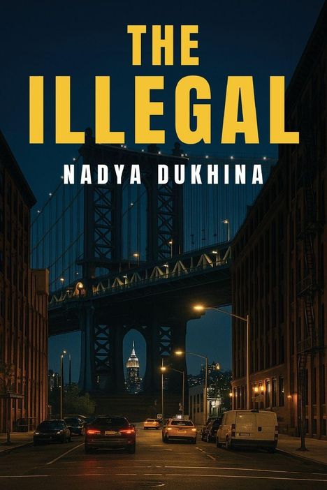 Text: "THE ILLEGAL" und "NADYA DUKHINA". Abendliche Stadtansicht mit Brücke und beleuchtetem Gebäude im Hintergrund.
