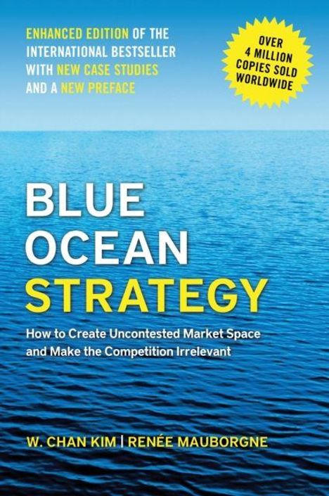 "Blue Ocean Strategy" in großen Buchstaben, darunter: How to Create Uncontested Market Space and Make the Competition Irrelevant. Hintergrund: Ozean.