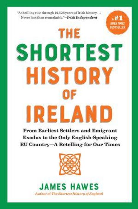 Titel: The Shortest History of Ireland. Unten James Hawes. Grünes Cover, orange und grüner Text, irisches Knotenmuster.