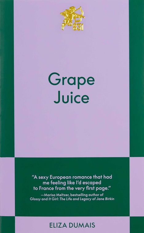 "GRAPE JUICE" oben; Rezension über europäische Romanze; "ELIZA DUMAIS" unten. Goldenes Engel-Logo oben.