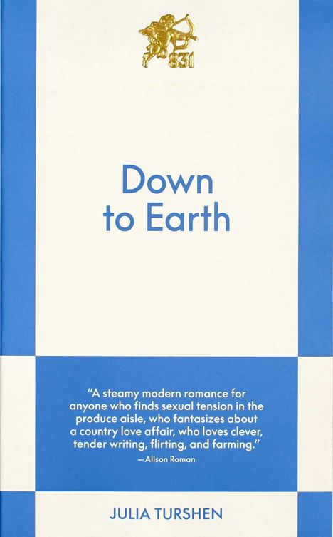 "Down to Earth" steht oben. Darunter ein blaues Zitat von Alison Roman. Unten: "Julia Turshen". Oben ist ein Engel-Logo.