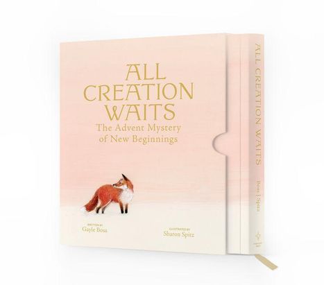 Buchtitel: "ALL CREATION WAITS: The Advent Mystery of New Beginnings". Cover zeigt einen Fuchs auf rosa Hintergrund.