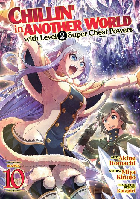 Text: "CHILLIN' in ANOTHER WORLD with Level 2 Super Cheat Powers." Zwei Anime-Charaktere, lächelnd in einem eisigen Setting.