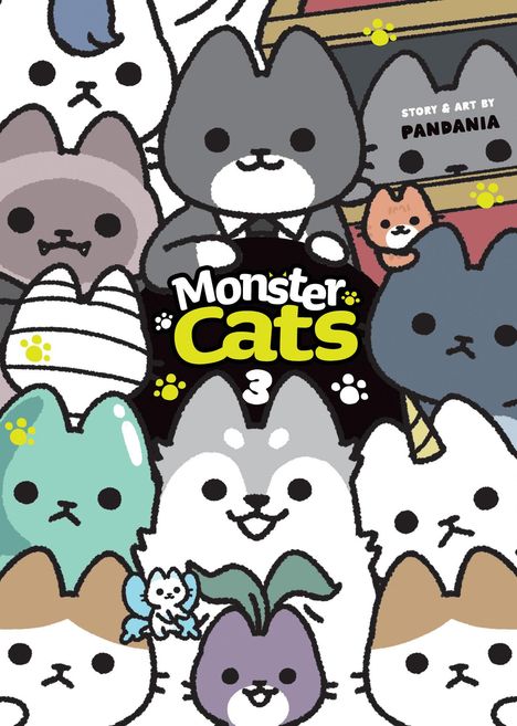 Text: „Monster Cats 3”, „Story & Art by Pandania“.  
Illustration: Viele niedliche, bunt gestaltete Katzen.