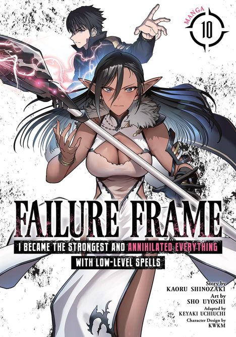 Der Text "Failure Frame" dominiert. Illustration zeigt eine Frau mit spitzen Ohren und einen Mann mit magischen Effekten.