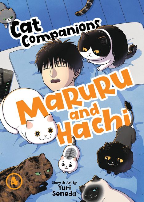 „Cat Companions. Maruru and Hachi“. Illustration: Person liegt umgeben von mehreren Katzen.