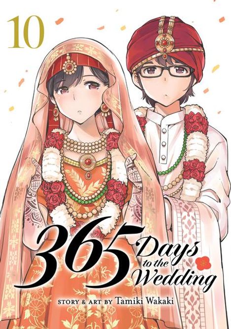 "365 Days to the Wedding, 10" steht oben und unten. Zwei Figuren in traditioneller Kleidung mit Blumen und Kopfschmuck.