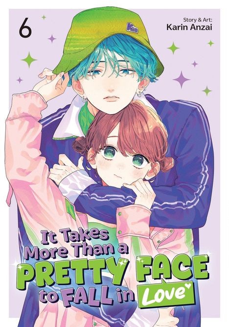 Text: "It Takes More Than a Pretty Face to Fall in Love". Zwei gezeichnete Personen in Umarmung, pastellfarbene Kleidung.