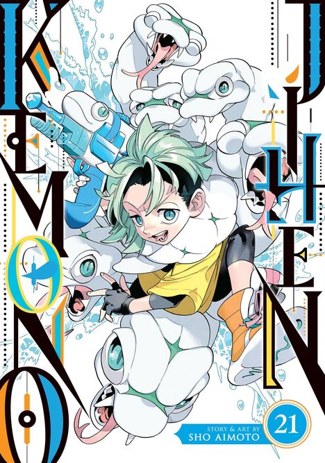"Kemono Jihen 21" in großen Buchstaben, Illustration zeigt einen fröhlichen Jungen mit grünen Haaren umgeben von weißen Kreaturen.